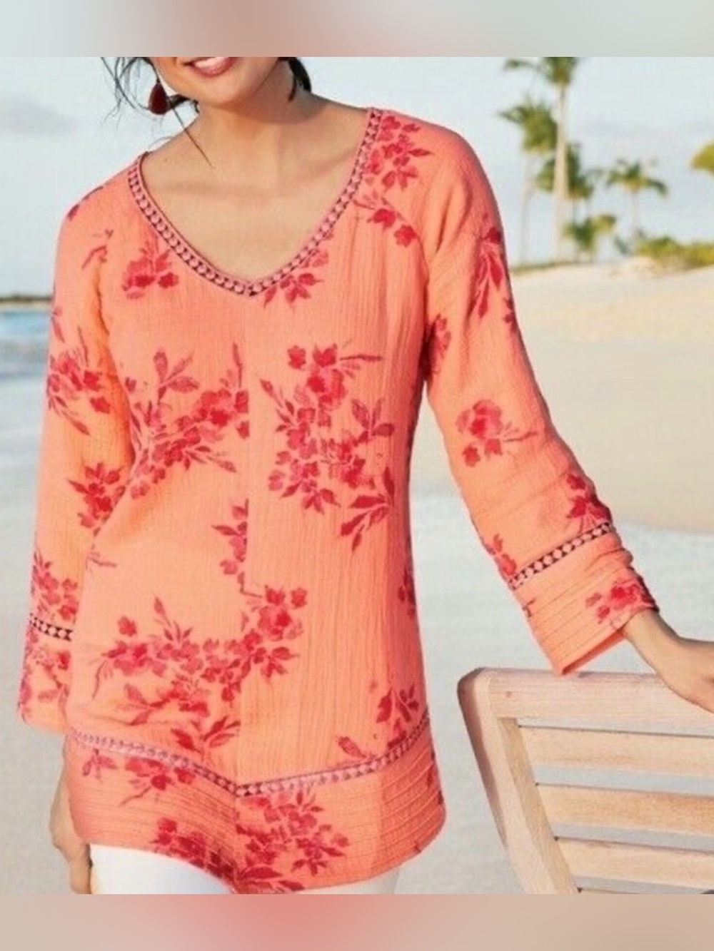 Soft Surroundings Floral Tunic Top Orange 
Boho Crinkle Cotton Gauze 3/4 Sleeve